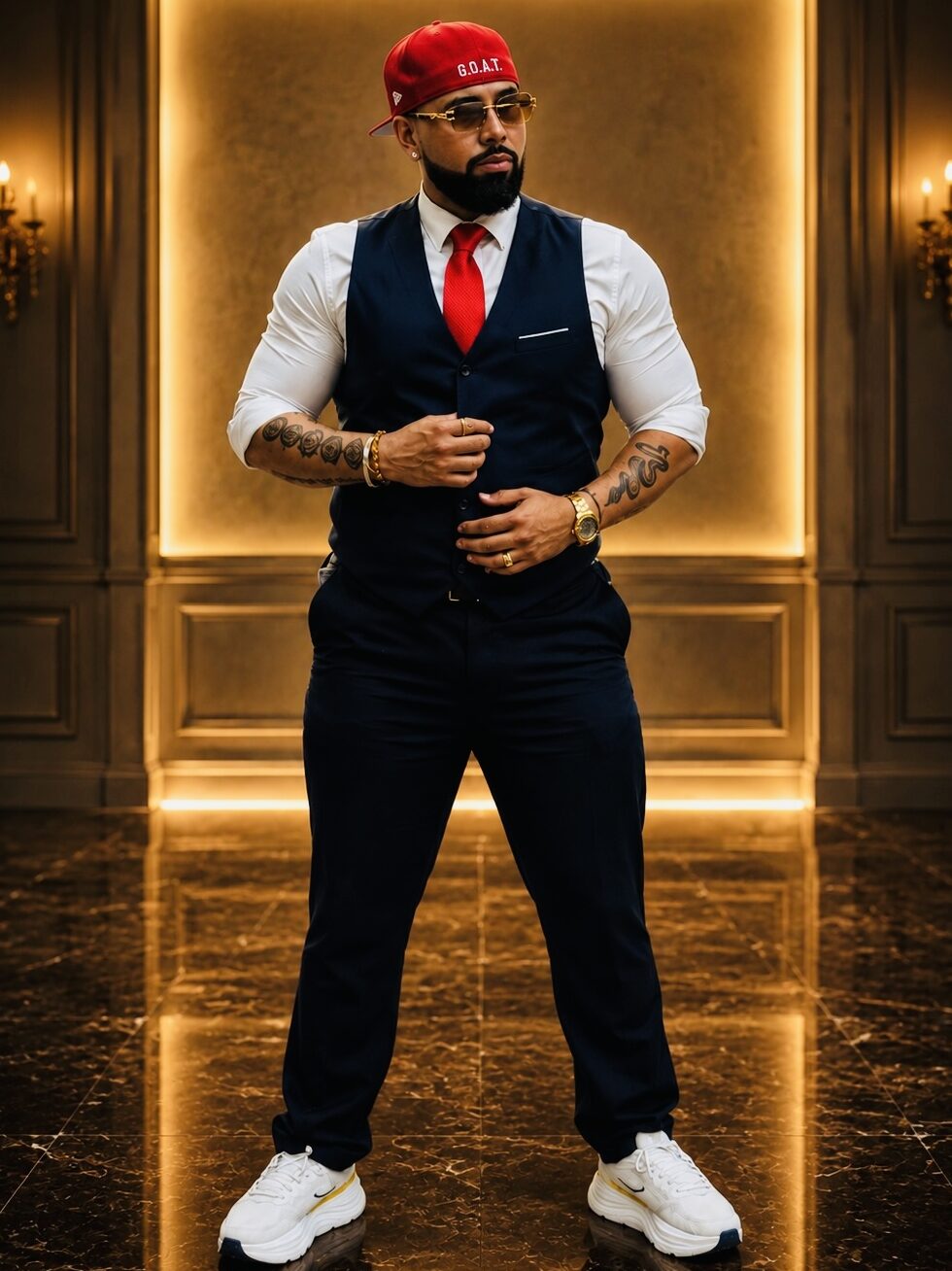 The image showcases DJ Pram, an Indian DJ renowned for his work across Orlando, Tampa, Miami, Florida, and Georgia, standing above a set of turntables. He is captured in a dynamic pose, pointing towards the camera with an engaging expression. The lighting creates a striking contrast with warm and cool tones, highlighting his focused demeanor. His cap and casual attire add a stylish touch, while the background subtly fades, keeping the focus on his commanding presence at the DJ booth.